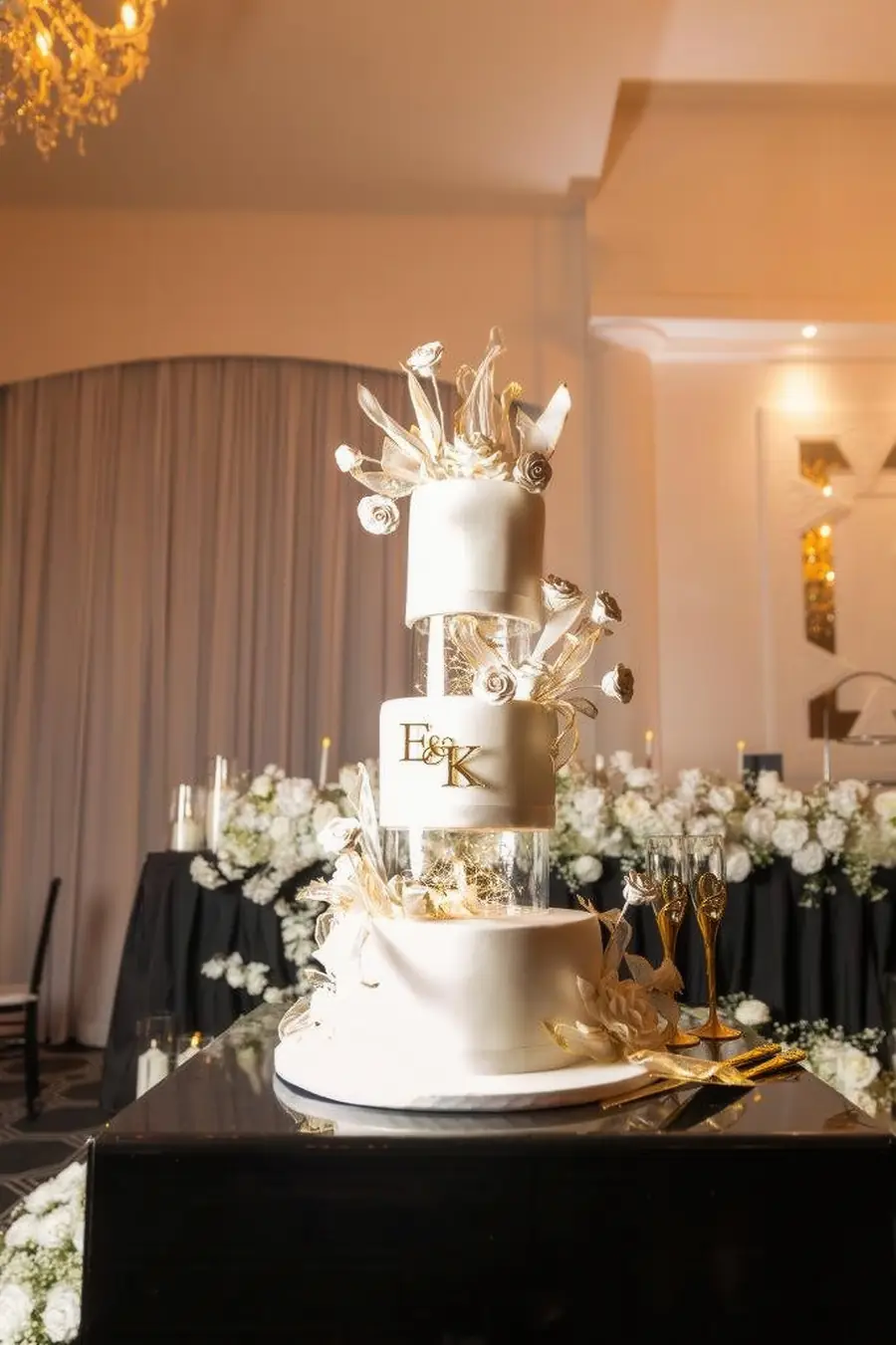 Gold and white tiered cake display