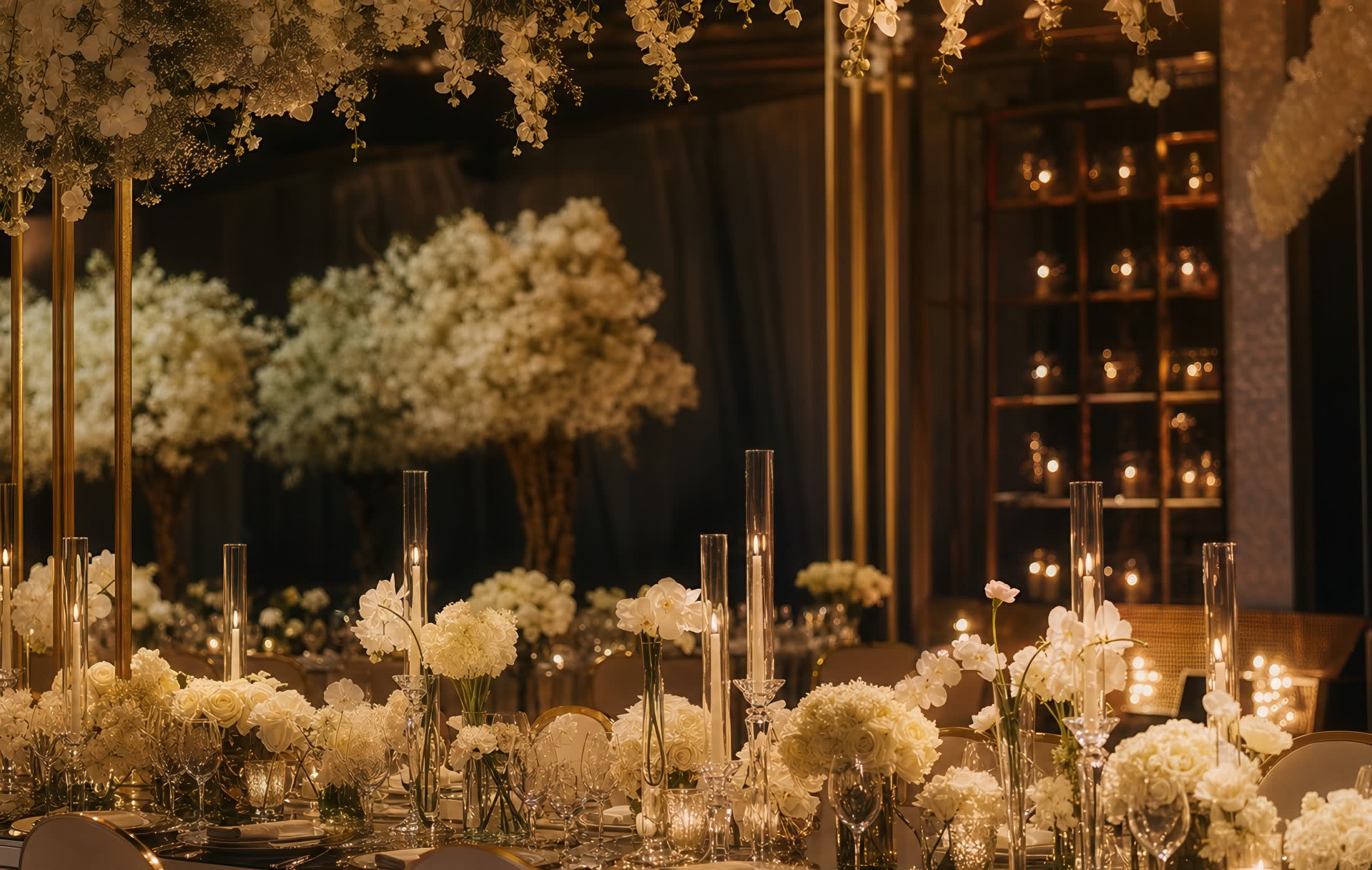 Candlelit floral reception styling