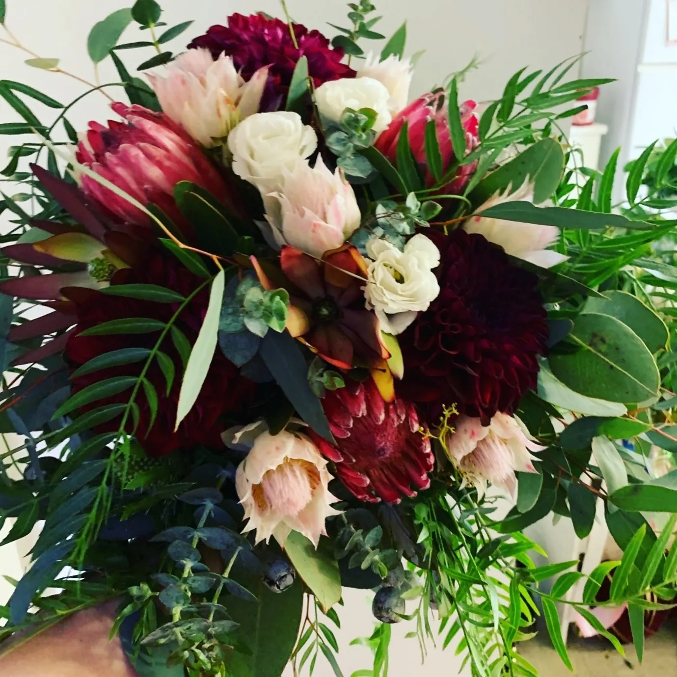 Protea Bouquet for Red Proteas; blushing bride and red chrysanthemums