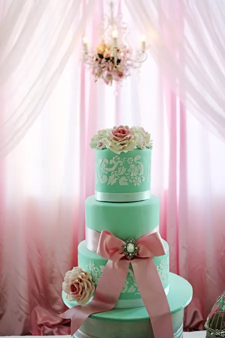 Bows And Flowers Cake for Pink and mint coloured cake