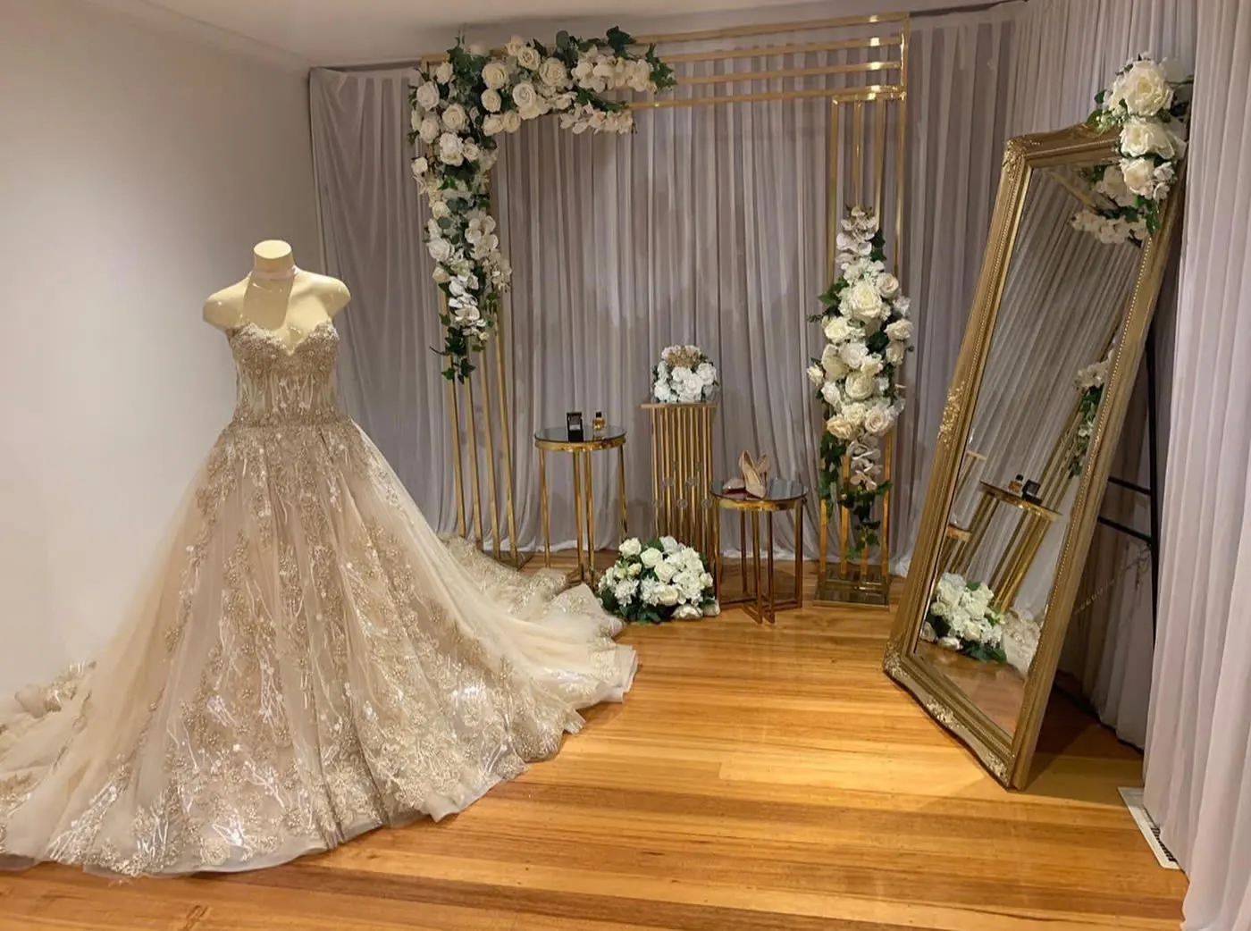 Bridal Room Set Up for Gold and white bridal room