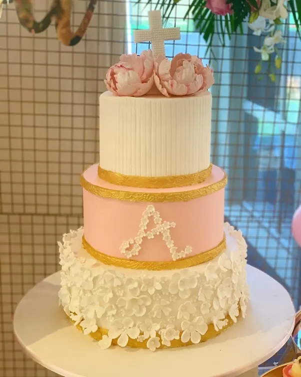Cross And Initials Cake for Pink and gold christening cake