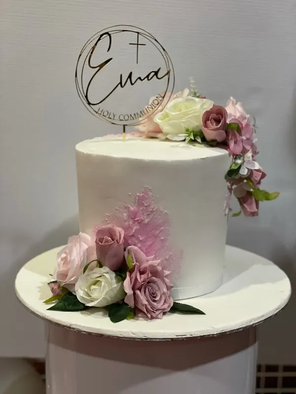 Elegant Communion Cake for Pink and white flower cake