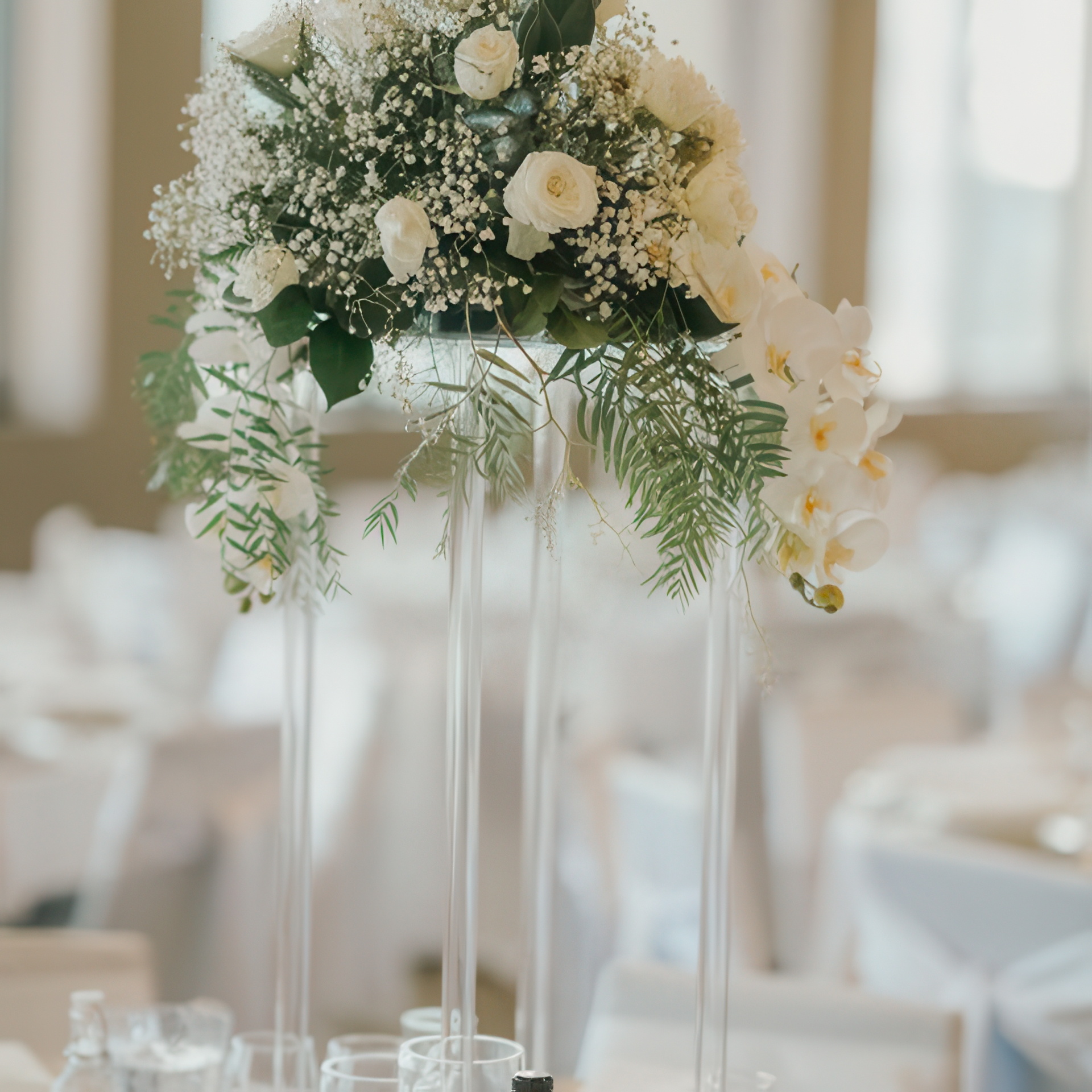 Tall white floral reception centrepiece