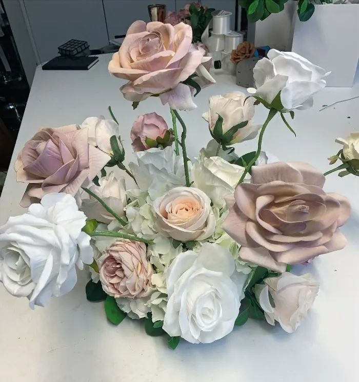 Faux Flower Rose Centrepiece for Blush and white reflexed roses