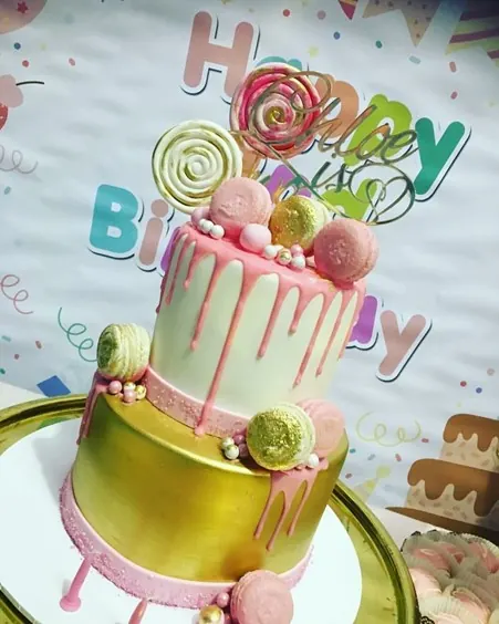 Macaroons And Drip Cake for Pink and gold birthday cake