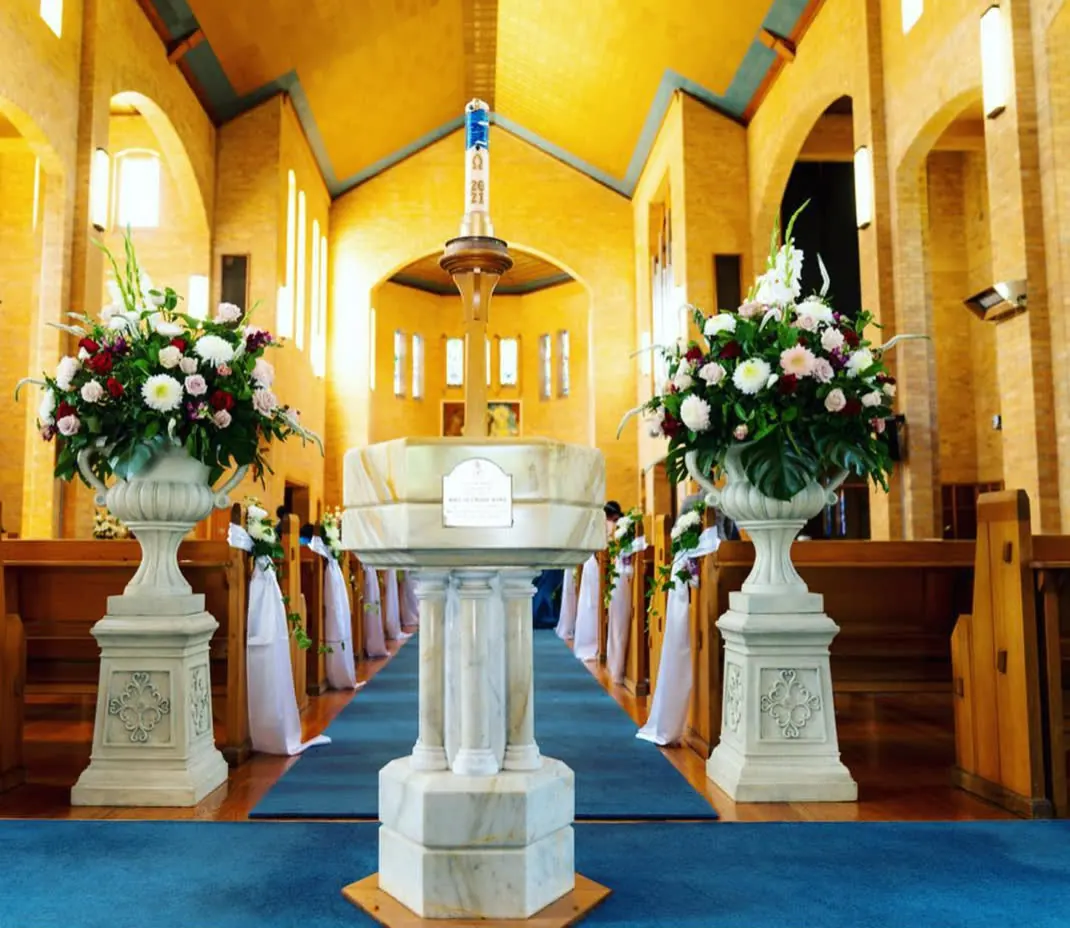Urns Of Flowers for Church entrance decor