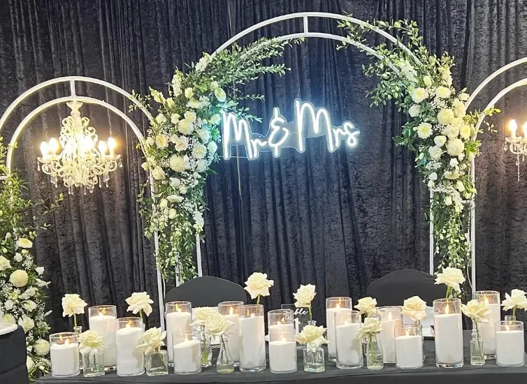 Black And White Backdrop Elegance for Wedding backdrop Chandeliers and flowers