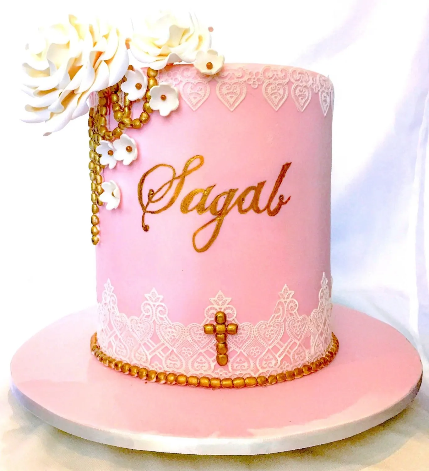 Lace Design Christening Cake for Pink and gold christening