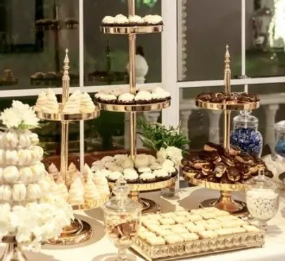 Gold tiered cake stand for cakes and dessert table styling