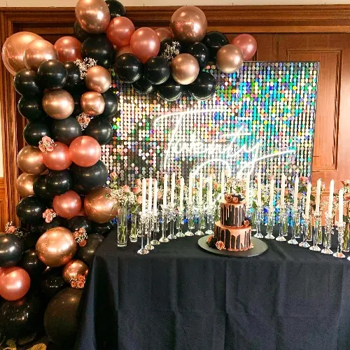 Shimmer Wall And Balloons for rose gold 21st backdrop