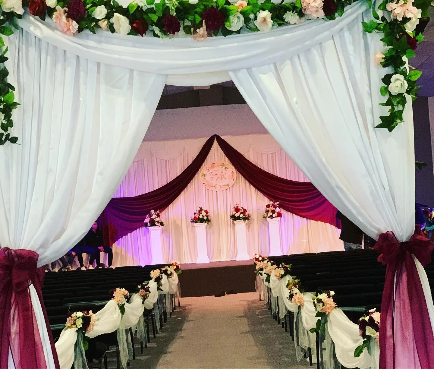 Aisle Draping And Flowers for Church wedding backdrop