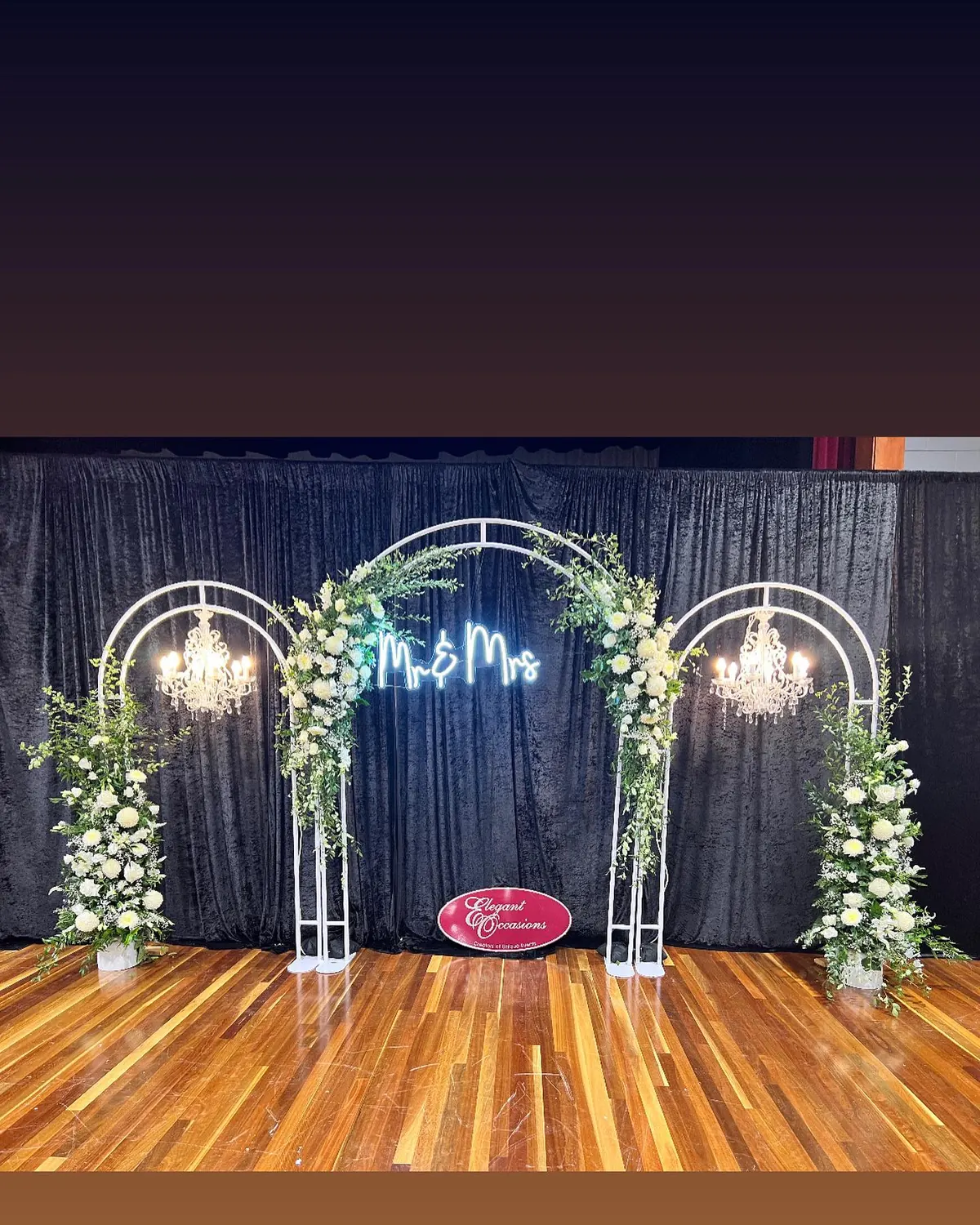 Ceremony Backdrop for Arches with chandeliers